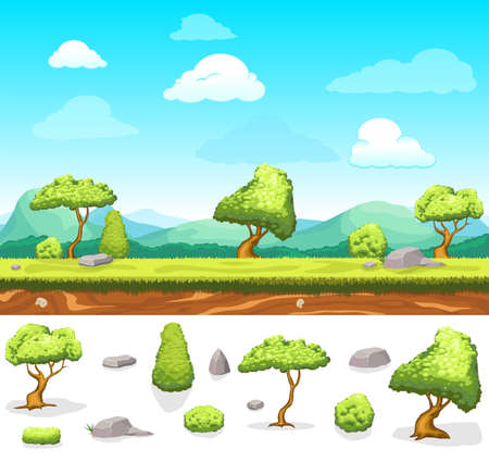 Summer game design landscape with green trees grass blue sky stones and natural elements vector illustrationのイラスト素材