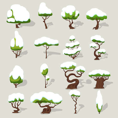 Winter snowbound trees collection of different shapes for ui video game design isolated vector illustrationのイラスト素材