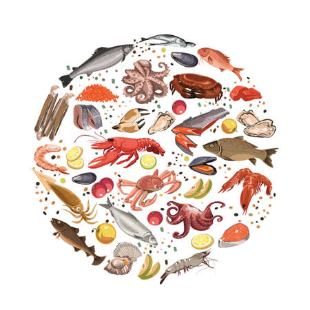 Colorful sketch seafood products round concept with sea and ocean animals fishes and fruits vector illustrationのイラスト素材