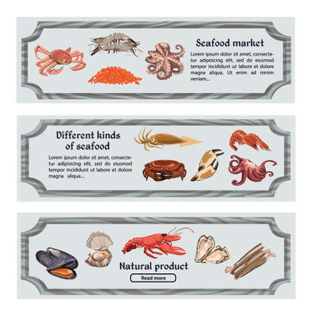 Colorful hand drawn seafood horizontal banners with text marine animals and creatures vector illustrationのイラスト素材