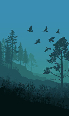 Autumn nature landscape template with trees grass flowers and flock of flying birds vector illustrationのイラスト素材