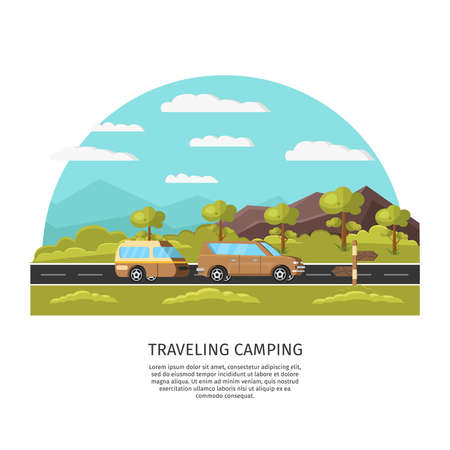 Light traveling camping template of car with trailer moving on road on summer nature landscape vector illustrationのイラスト素材