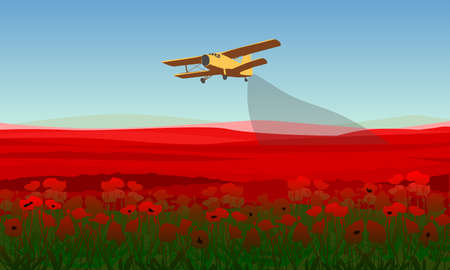 Natural field landscape template with red poppy flowers and plane spraying pesticides vector illustrationのイラスト素材