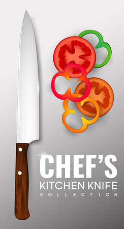 Realistic chef knife poster with wooden handle and sharp blade for vegetables cutting isolated vector illustrationsのイラスト素材
