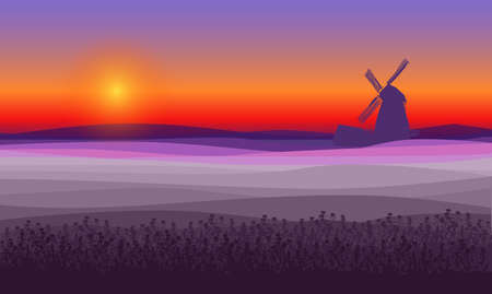 Abstract purple field landscape background with blooming cornflowers and mill silhouette vector illustrationのイラスト素材