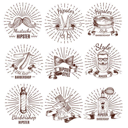 Barbershop monochrome hand drawn labels in hipster style with hairdresser tools and design elements isolated vector illustrationのイラスト素材