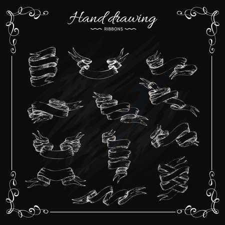 Vintage ribbon elements set of different shapes in sketch style on black chalkboard isolated vector illustrationのイラスト素材