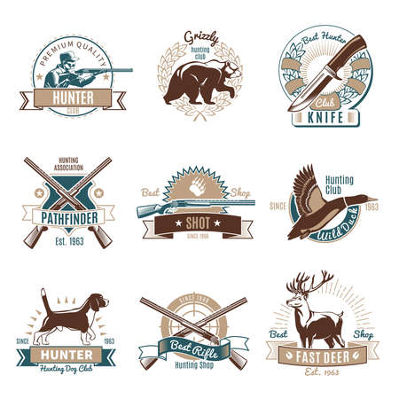 Set of nine isolated hunting old school style emblems in colour with animals weapons and text vector illustrationのイラスト素材