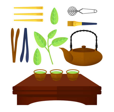 Flat chinese tea elements set with teapot bowls on table green leaves and traditional accessories isolated vector illustrationのイラスト素材