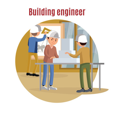 Building engineering concept with architects creating model of construction and making architectural project vector illustrationのイラスト素材