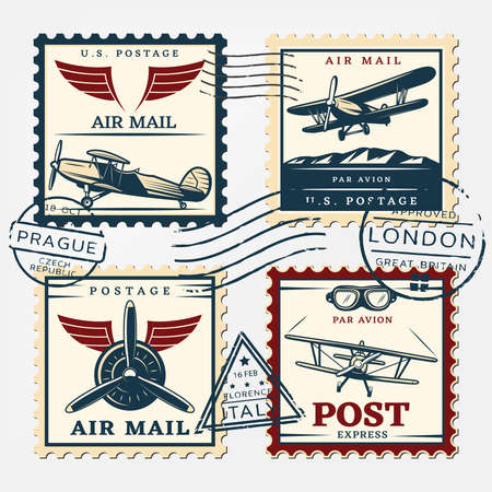 Colorful aircraft postage square stamps set with airplanes and round postmarks in retro style isolated vector illustrationのイラスト素材