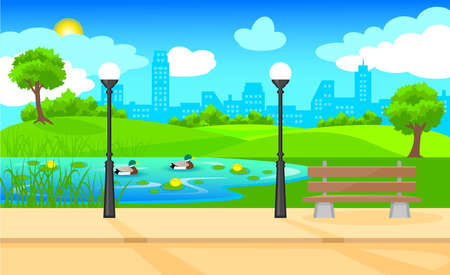 Light city park landscape background with bench lanterns water lily ducks swimming in pond and plants vector illustrationのイラスト素材