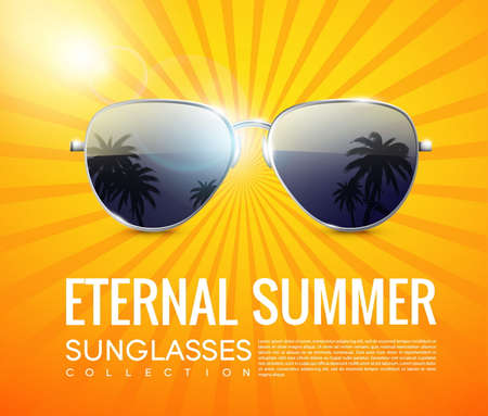 Realistic fashionable aviator sunglasses poster with tropical beach reflection in glasses on shiny radial background vector illustrationのイラスト素材