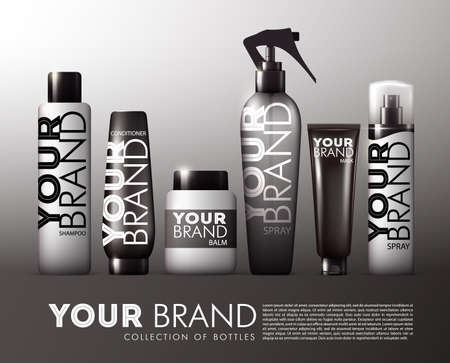 Realistic hair cosmetic products set with packages of shampoo conditioner balm spray mask isolated vector illustrationのイラスト素材