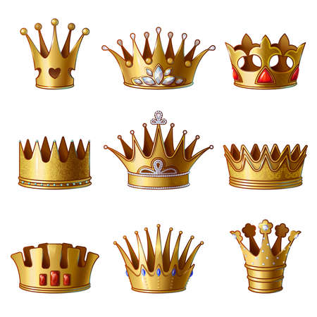 Cartoon royal gold crowns collection of different shapes with gems and jewels isolated vector illustrationのイラスト素材