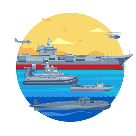 Military boats template with aircraft carrier  war ship naval frigate airplane helicopter and submarine vector illustrationのイラスト素材