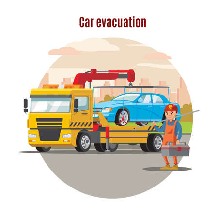 Transport evacuation service template with worker holding toolbox and tow truck with loaded car vector illustrationのイラスト素材