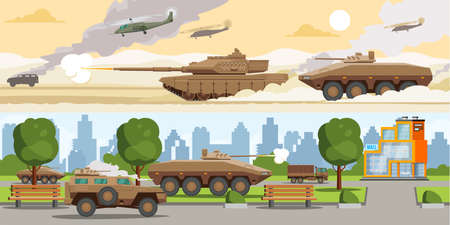 Military equipment horizontal banners with ground battle machines and air force in desert and city vector illustrationのイラスト素材