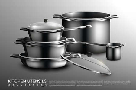 Realistic kitchen utensil collection with metallic pots and pans of different sizes on gray background isolated vector illustrationのイラスト素材