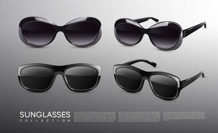 Stylish realistic sunglasses collection with front and side views on gray background isolated vector illustrationのイラスト素材