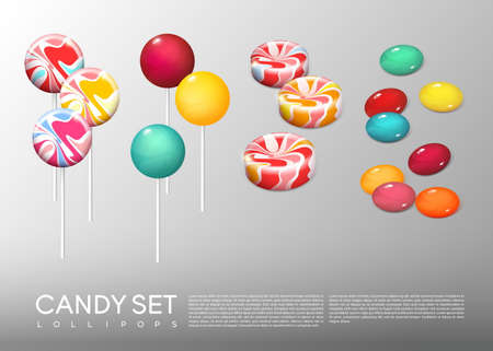 Realistic bright round candies set with different lollipops on and without sticks isolated vector illustrationのイラスト素材