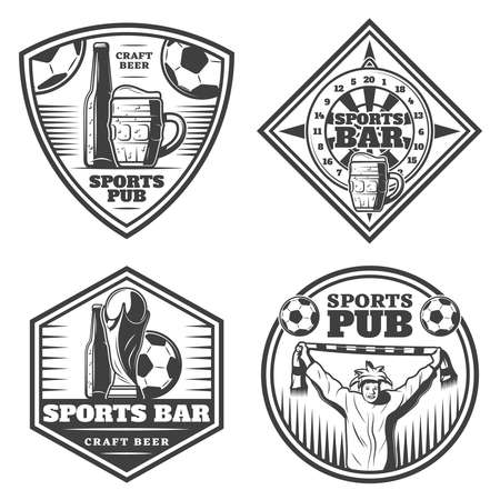 Vintage sport bar emblems set with beer bottle mug glass cup fan soccer ball darts isolated vector illustrationのイラスト素材