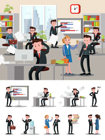 Office atmosphere composition with workers and staff people in different situations in flat style vector illustrationのイラスト素材