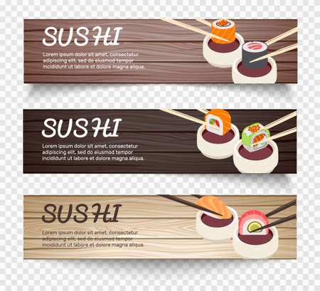 Japanese food horizontal banners with chopsticks holding sushi over bowl with soy on wooden background vector illustrationのイラスト素材
