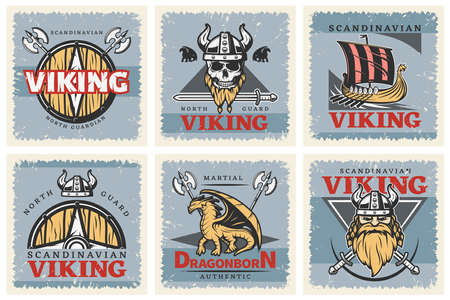 Six isolated and square nordic skiing poster set with red color headlines and tools of Viking vector illustrationのイラスト素材