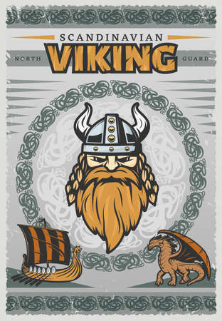 Viking vintage poster with face of Scandinavian Viking and his reg beard vector illustrationのイラスト素材