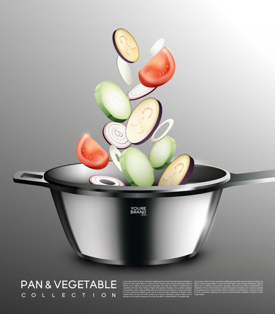 Realistic cooking concept with slices of onion tomato zucchini eggplant falling into pan isolated vector illustrationのイラスト素材