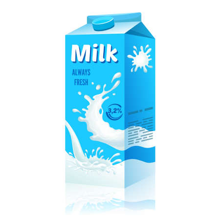 Cartoon blue milk cardboard package concept with splashes and blots on white background isolated vector illustrationのイラスト素材