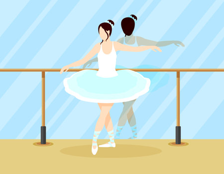 Colorful ballet dancer concept with ballerina training in front of mirror in room vector illustrationのイラスト素材