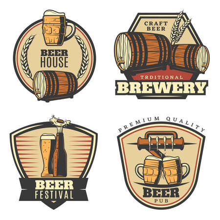 Colorful vintage brewing emblems set with beer mug glass bottle tap wheat wooden barrel isolated vector illustrationのイラスト素材