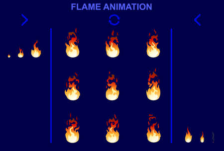 Bright fire flame animation set of different shapes for game design in cartoon style isolated vector illustrationのイラスト素材