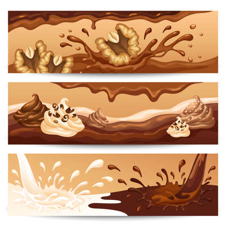 Cartoon liquid chocolate horizontal banners with flow splashes blots whipped cream and walnuts vector illustrationのイラスト素材