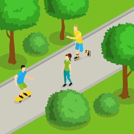 Isometric people on ride composition in a summer park with grass trees and lane with characters vector illustrationのイラスト素材