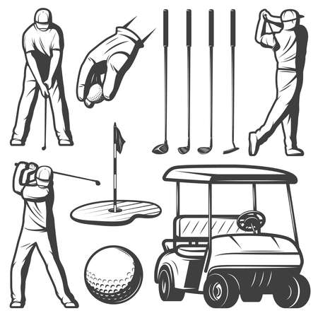 Vintage golf elements collection with player flag cart different clubs and ball isolated vector illustrationのイラスト素材