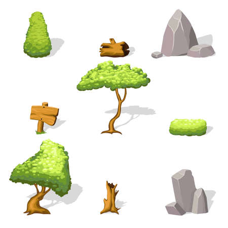 Natural landscape elements collection with green trees bush stones stump and wooden boards for game design isolated vector illustrationのイラスト素材