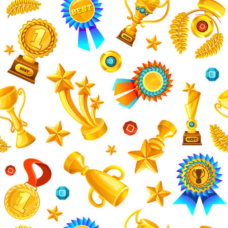 Colored cartoon gold trophies medals seamless background pattern flying on white fond vector illustrationのイラスト素材