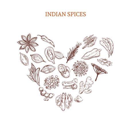 Hand drawn indian spices concept with natural herbs and plants in heart shape isolated vector illustrationのイラスト素材