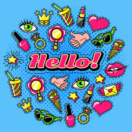Colorful round design in comic style with elements for girls on textured blue background vector illustrationのイラスト素材