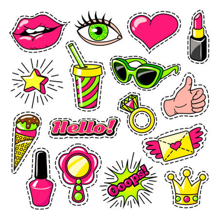 Elements for girls in comic style including makeup ring eye heart mail and crown isolated vector illustrationのイラスト素材