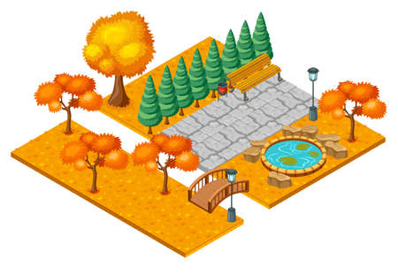 Isometric autumn city park landscape concept with orange trees grass pond bridge and bench vector illustrationのイラスト素材