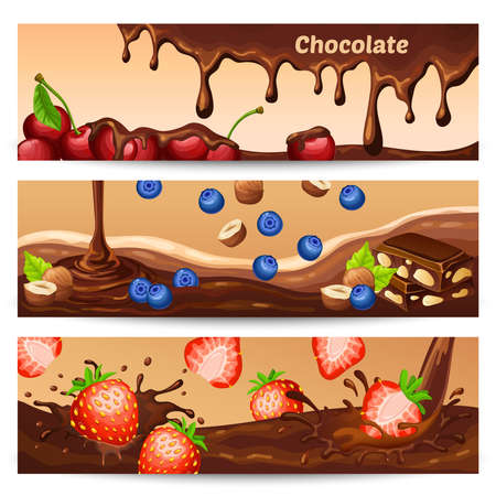 Cartoon chocolate horizontal banners with drops flow splashes pieces cherries bilberries strawberries and hazelnuts vector illustrationのイラスト素材