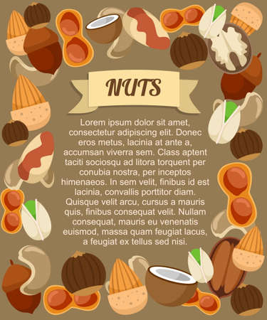 Natural food poster with brazil peanut almond walnut pistachio chestnut cashew pecan acorn coconut nuts vector illustrationのイラスト素材