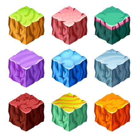 Isometric set of colorful gaming cubes with landscape elements on white background isolated vector illustrationのイラスト素材
