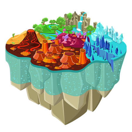 Isometric game landscape concept with magic forest waterfall icy mountains volcano craters desert river vector illustrationのイラスト素材