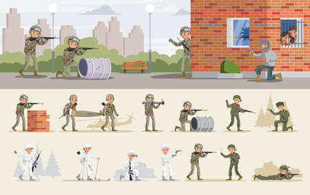 Release of hostages operation concept with military assault and soldiers in different situations vector illustrationのイラスト素材