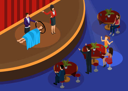Isometric magic performance template with magicians showing illusion of levitation in front of surprised spectators vector illustrationのイラスト素材